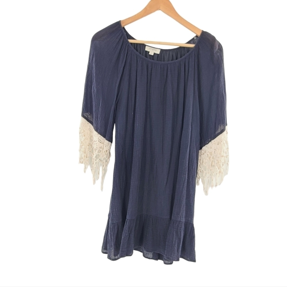 Umgee boho‎ style Navy Blue dress heavy lace sleeves women's size Small